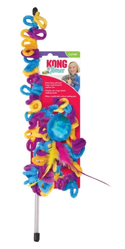 Kong Teaser Loopz kattenhengel, 46 cm, met gekleurde wollen lussen, ritselbal en veren